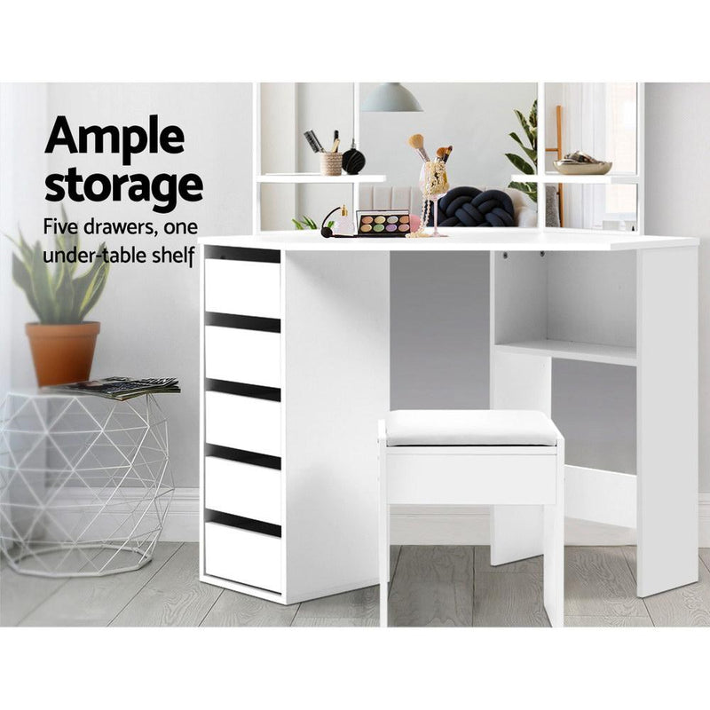 Corner Dressing Table With Mirror & Stool White - Rivercity House & Home Co. (ABN 18 642 972 209) - Affordable Modern Furniture Australia