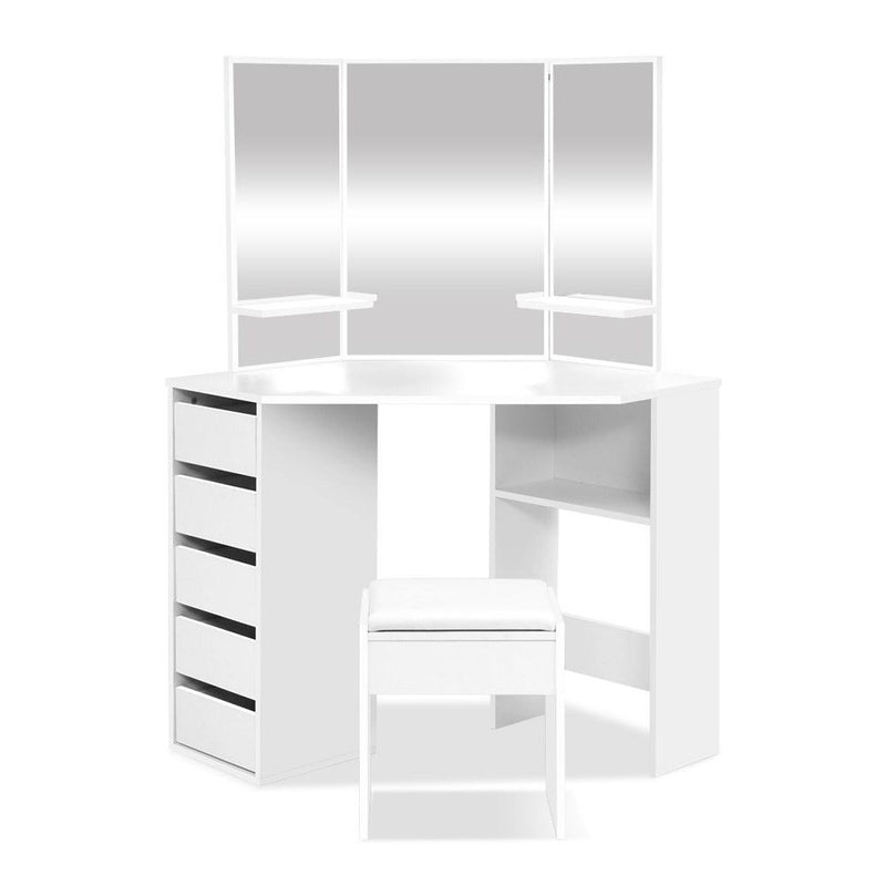 Corner Dressing Table With Mirror & Stool White - Rivercity House & Home Co. (ABN 18 642 972 209) - Affordable Modern Furniture Australia