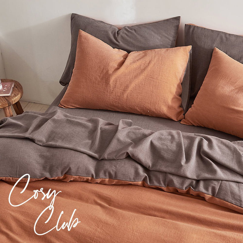 Cosy Club Quilt Cover Set Cotton Duvet Double Orange Brown - Home & Garden > Bedding - Rivercity House & Home Co. (ABN 18 642 972 209)