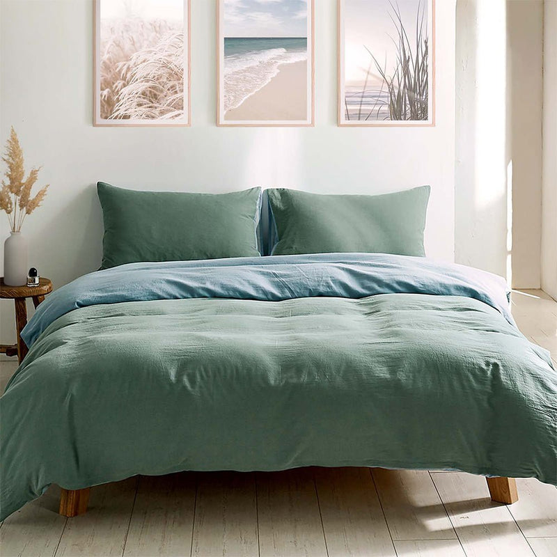 Cosy Club Washed Cotton Quilt Set Green Blue Double - Home & Garden > Bedding - Rivercity House & Home Co. (ABN 18 642 972 209)