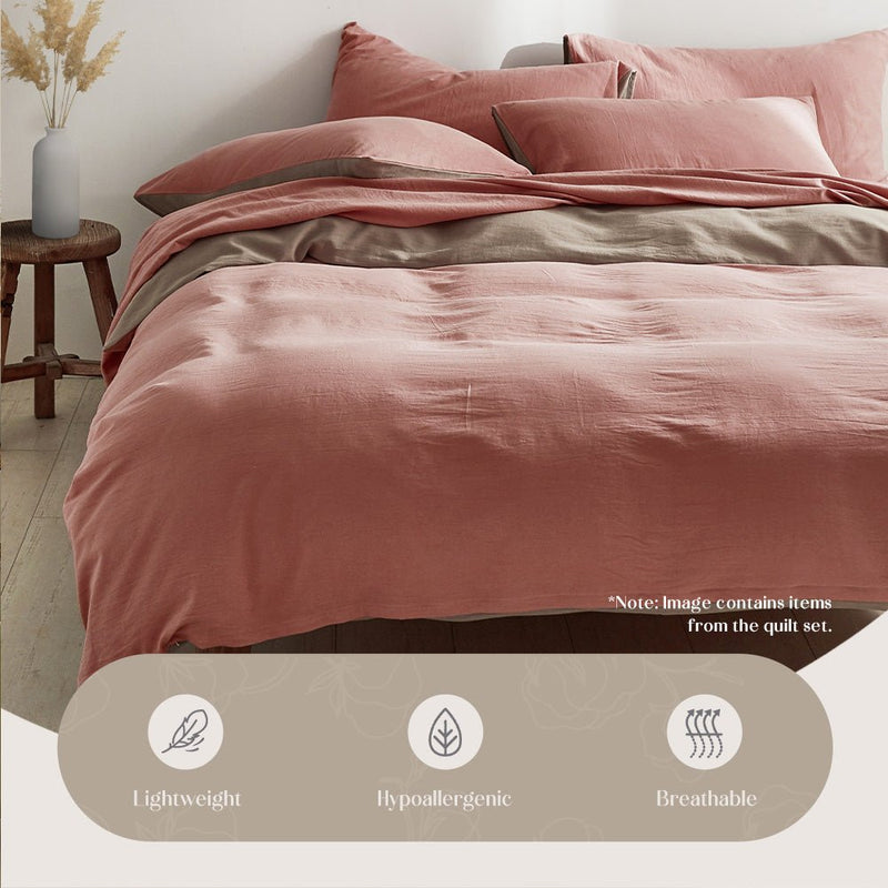 Cosy Club Washed Cotton Quilt Set Pink Brown Double - Home & Garden > Bedding - Rivercity House & Home Co. (ABN 18 642 972 209)