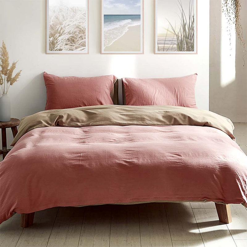 Deluxe Washed Cotton Quilt Set Pink Brown Double - Home & Garden > Bedding - Rivercity House & Home Co. (ABN 18 642 972 209) - Affordable Modern Furniture Australia