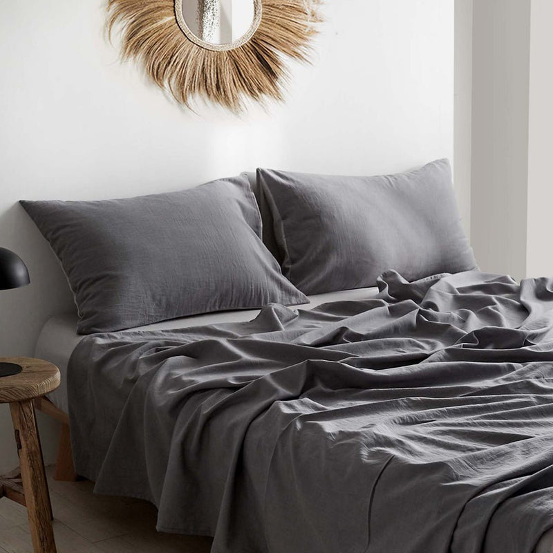 Cosy Club Washed Cotton Sheet Set Grey Double - Home & Garden > Bedding - Rivercity House & Home Co. (ABN 18 642 972 209)