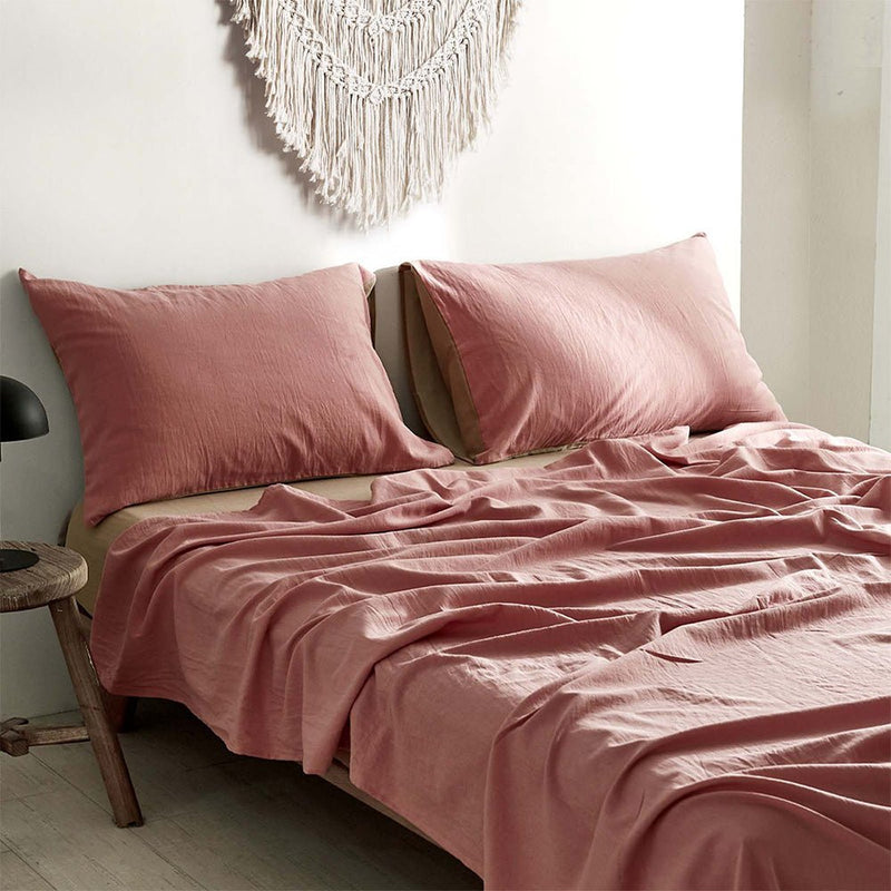 Cosy Club Washed Cotton Sheet Set Pink Brown Double - Home & Garden > Bedding - Rivercity House & Home Co. (ABN 18 642 972 209)