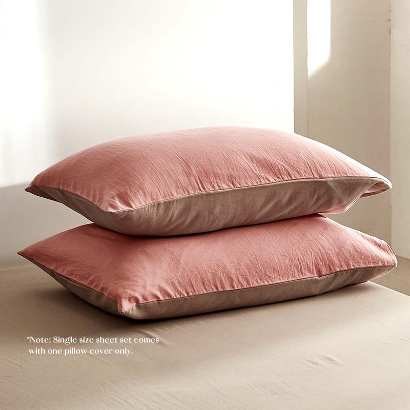 Cosy Club Washed Cotton Sheet Set Pink Brown Queen - Home & Garden > Bedding - Rivercity House & Home Co. (ABN 18 642 972 209)