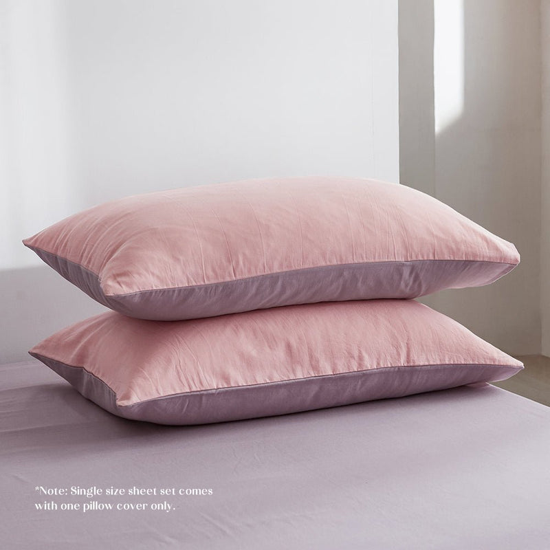 Cosy Club Washed Cotton Sheet Set Pink Purple Single - Home & Garden > Bedding - Rivercity House & Home Co. (ABN 18 642 972 209)