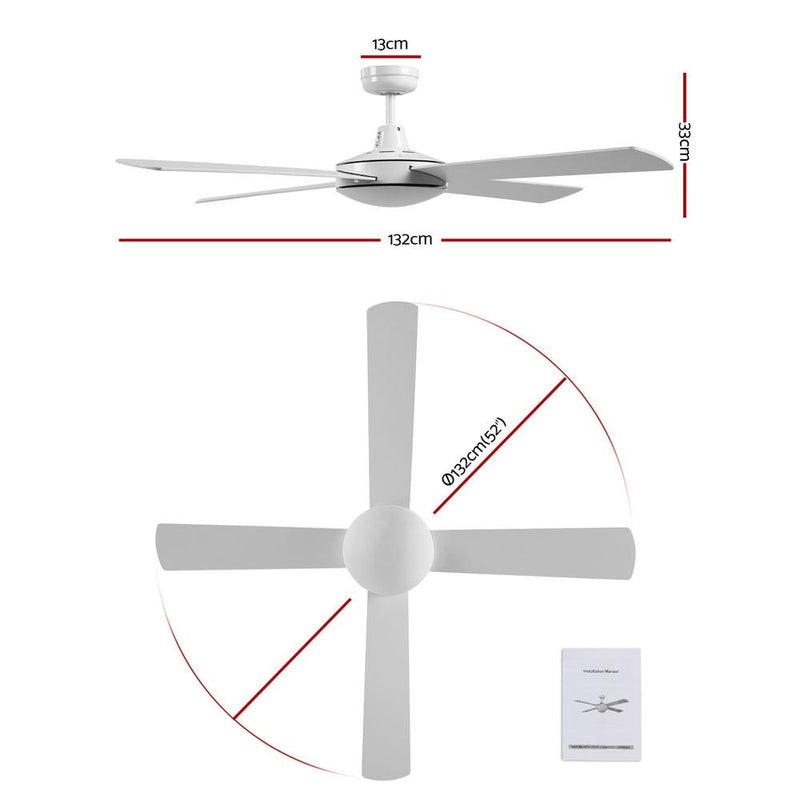 52 inch 1300mm Ceiling Fan 4 Wooden Blades with Remote Reversible Fans White - Appliances > Fans - Rivercity House & Home Co. (ABN 18 642 972 209) - Affordable Modern Furniture Australia