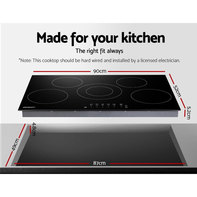 Devanti 90cm Ceramic Cooktop Electric Cook Top 5 Burner Stove Hob Touch Control 6-Zones - Rivercity House & Home Co. (ABN 18 642 972 209) - Affordable Modern Furniture Australia