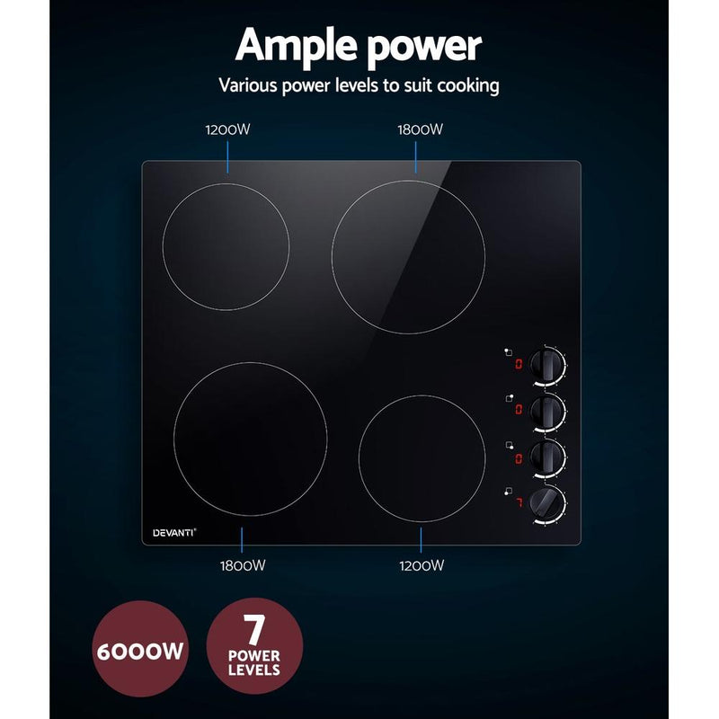 Devanti Ceramic Cooktop 60cm Electric Kitchen Burner Cooker 4 Zone Knobs Control - Rivercity House & Home Co. (ABN 18 642 972 209) - Affordable Modern Furniture Australia