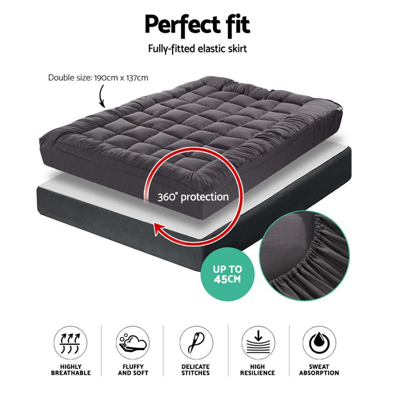 Double Mattress Topper Pillowtop 1000GSM Charcoal Microfibre Bamboo Fibre Filling Protector - Rivercity House & Home Co. (ABN 18 642 972 209) - Affordable Modern Furniture Australia