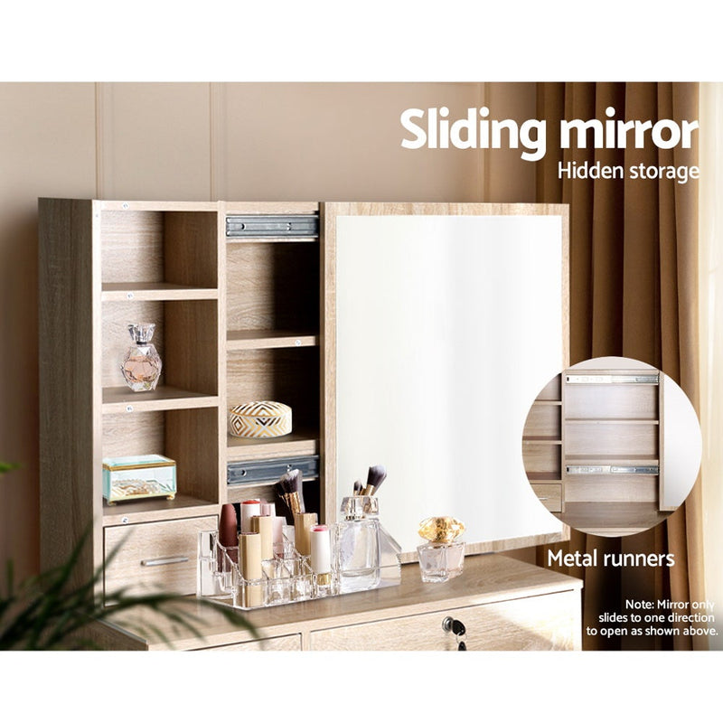 Dressing Table & Stool Set With Sliding Mirror Oak - Rivercity House & Home Co. (ABN 18 642 972 209) - Affordable Modern Furniture Australia