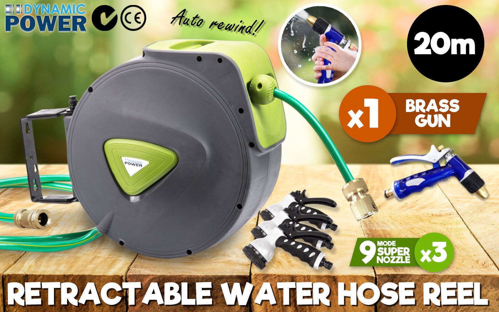 Dynamic Power Garden Water Hose 20M Retractable Rewind Reel + Brass Gun - Home & Garden > Garden Tools - Rivercity House & Home Co. (ABN 18 642 972 209) - Affordable Modern Furniture Australia