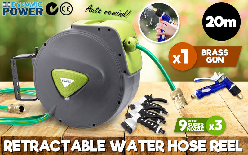 Dynamic Power Garden Water Hose 20M Retractable Rewind Reel + Brass Gun - Home & Garden > Garden Tools - Rivercity House & Home Co. (ABN 18 642 972 209) - Affordable Modern Furniture Australia