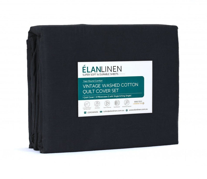 Elan Linen 100% Egyptian Cotton Vintage Washed 500TC Charcoal Single Quilt Cover Set - Rivercity House & Home Co. (ABN 18 642 972 209) - Affordable Modern Furniture Australia