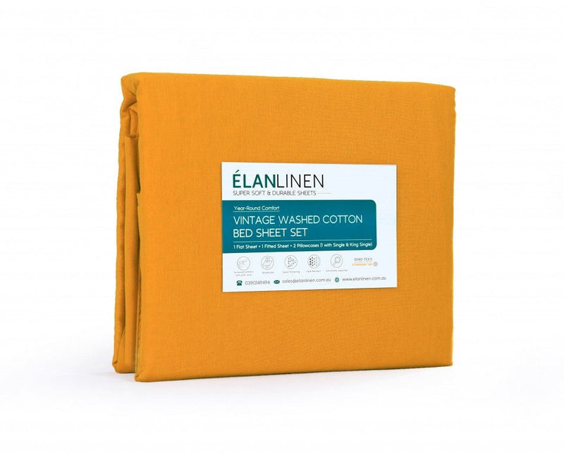 Elan Linen 100% Egyptian Cotton Vintage Washed 500TC Mustard King Single Bed Sheets Set - Rivercity House & Home Co. (ABN 18 642 972 209) - Affordable Modern Furniture Australia