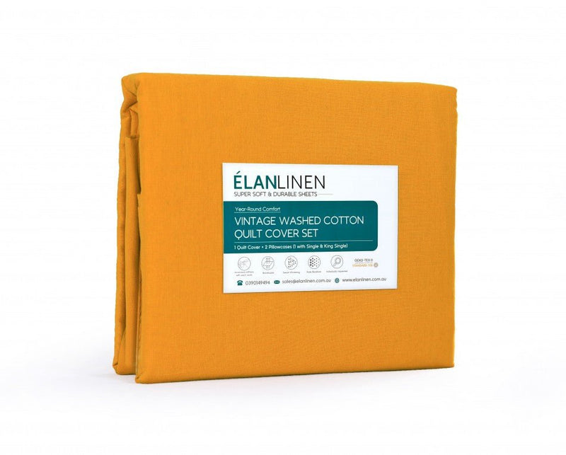 Elan Linen 100% Egyptian Cotton Vintage Washed 500TC Mustard Single Quilt Cover Set - Rivercity House & Home Co. (ABN 18 642 972 209) - Affordable Modern Furniture Australia
