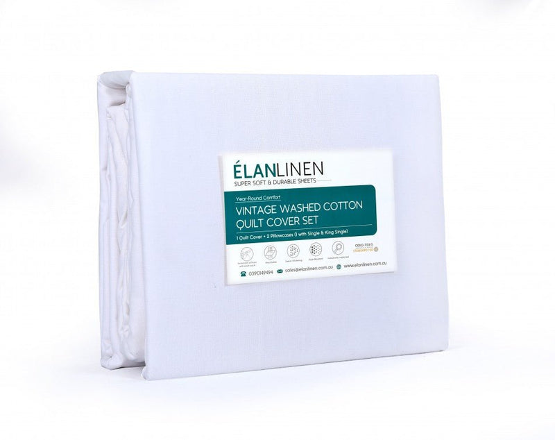Elan Linen 100% Egyptian Cotton Vintage Washed 500TC White King Single Quilt Cover Set - Rivercity House & Home Co. (ABN 18 642 972 209)