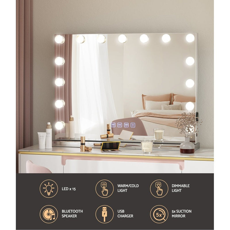 Embellir Bluetooth Makeup Mirror 58X46cm Hollywood with Light Dimmable 15 LED - Furniture > Bathroom - Rivercity House & Home Co. (ABN 18 642 972 209)