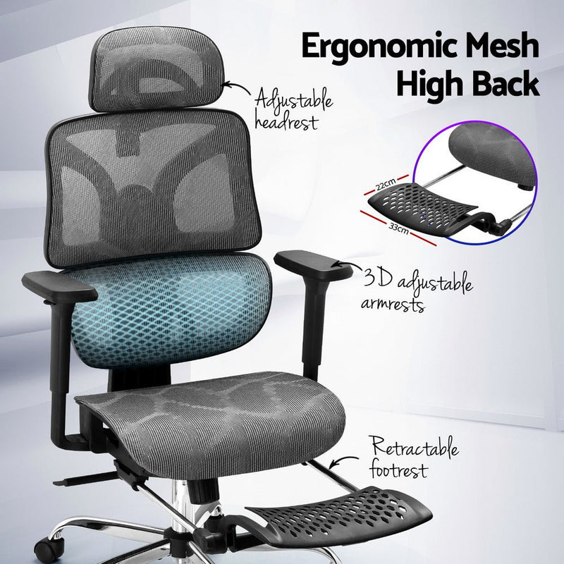 Ergonomic High Back Office Chair with Footrest Grey Mesh - Furniture > Bar Stools & Chairs - Rivercity House & Home Co. (ABN 18 642 972 209) - Affordable Modern Furniture Australia