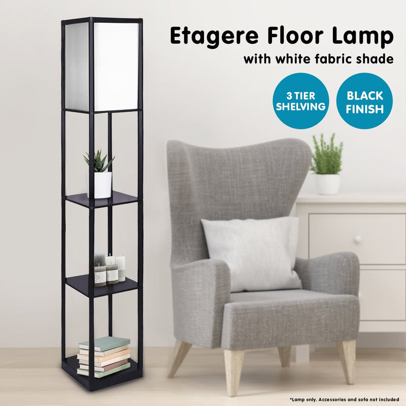 Etagere Floor Lamp Shelves in Black Frame Fabric Shade - Home & Garden > Lighting - Rivercity House & Home Co. (ABN 18 642 972 209) - Affordable Modern Furniture Australia