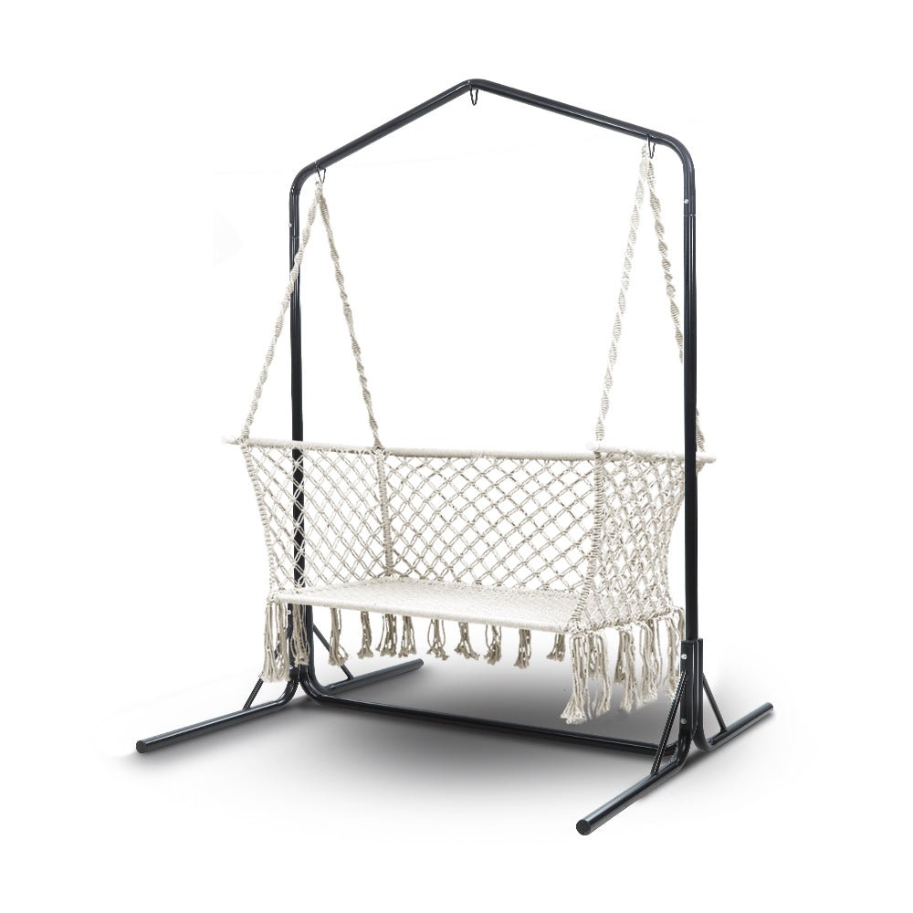 Double Swing Hammock Chair with Stand Macrame Outdoor Bench Seat Chairs - Home & Garden > Hammocks - Rivercity House & Home Co. (ABN 18 642 972 209) - Affordable Modern Furniture Australia