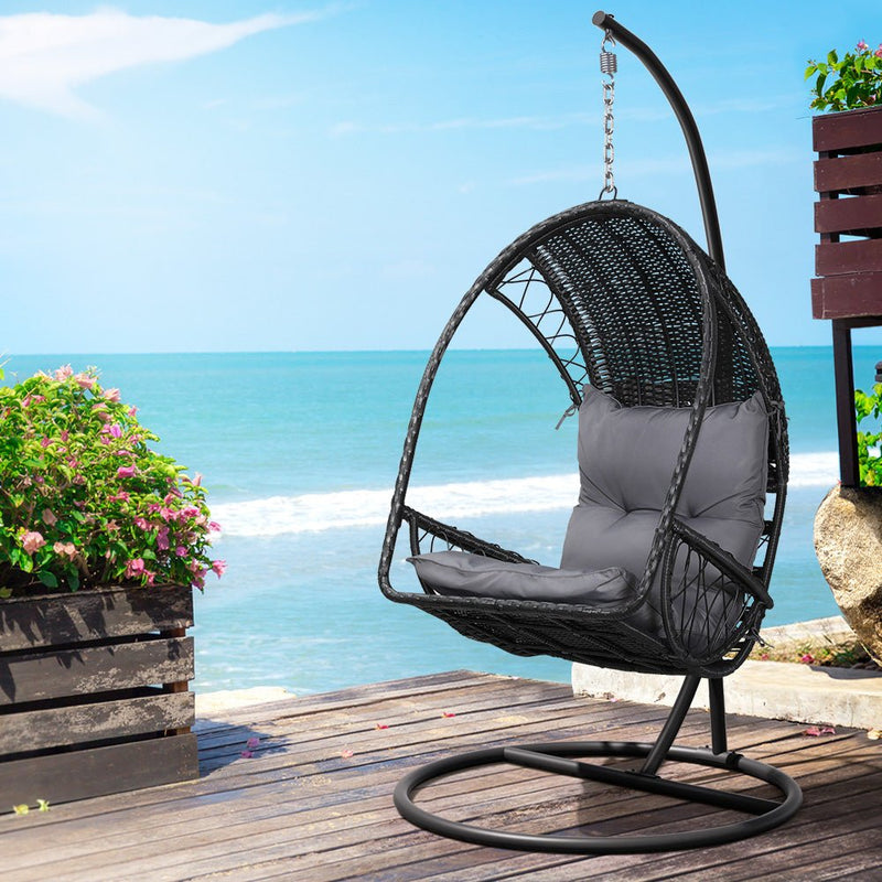 Hanging Wicker Pod Chair With Stand Black - Furniture > Outdoor - Rivercity House & Home Co. (ABN 18 642 972 209) - Affordable Modern Furniture Australia