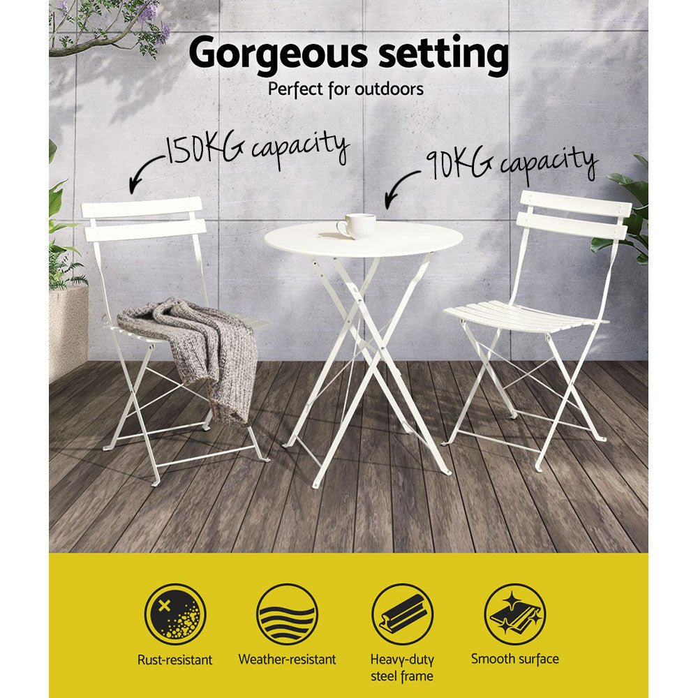 3 Piece Folding Outdoor Setting Bistro Set White - Furniture > Outdoor - Rivercity House & Home Co. (ABN 18 642 972 209) - Affordable Modern Furniture Australia
