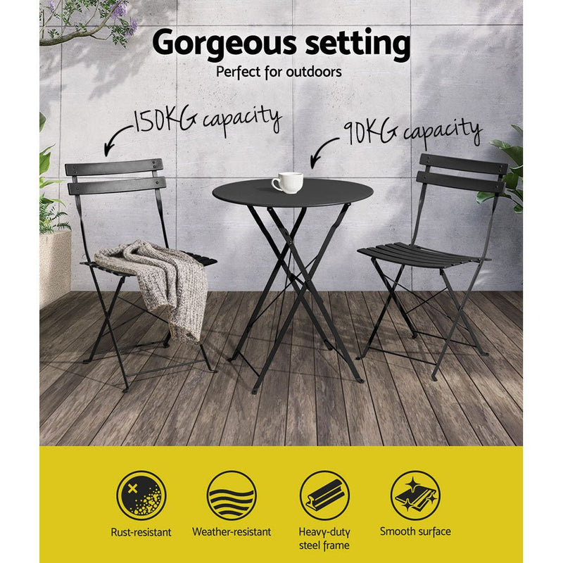 3 Piece Folding Outdoor Setting Bistro Set Black - Furniture > Outdoor - Rivercity House & Home Co. (ABN 18 642 972 209) - Affordable Modern Furniture Australia
