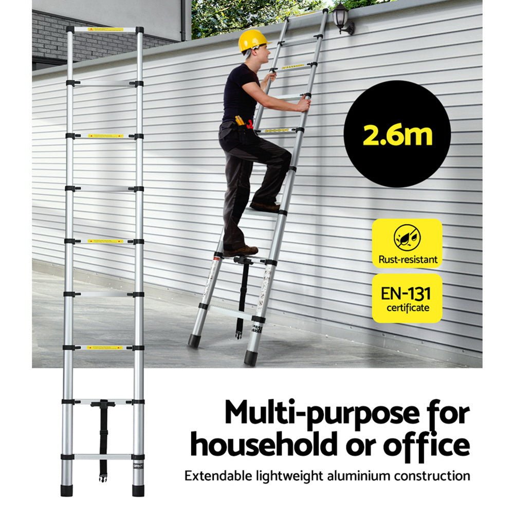 Giantz 2.6M Telescopic Ladder Aluminium Extension Extendable Steps Adjustable Height - Tools > Other Tools - Rivercity House & Home Co. (ABN 18 642 972 209) - Affordable Modern Furniture Australia