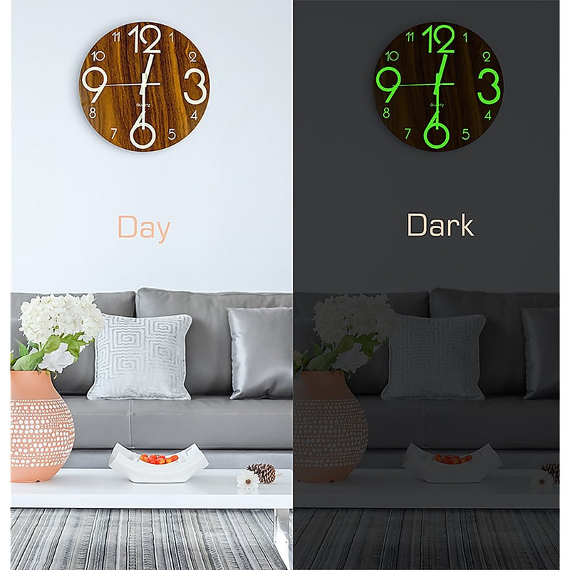 Glow In Dark Wall Clock Luminous Quartz Wooden Non Ticking Home Decor 12''/30cm - Home & Garden > Decor - Rivercity House & Home Co. (ABN 18 642 972 209) - Affordable Modern Furniture Australia