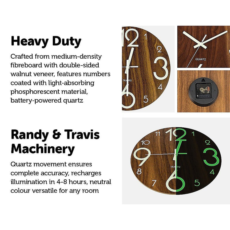 Glow In Dark Wall Clock Luminous Quartz Wooden Non Ticking Home Decor 12''/30cm - Home & Garden > Decor - Rivercity House & Home Co. (ABN 18 642 972 209) - Affordable Modern Furniture Australia