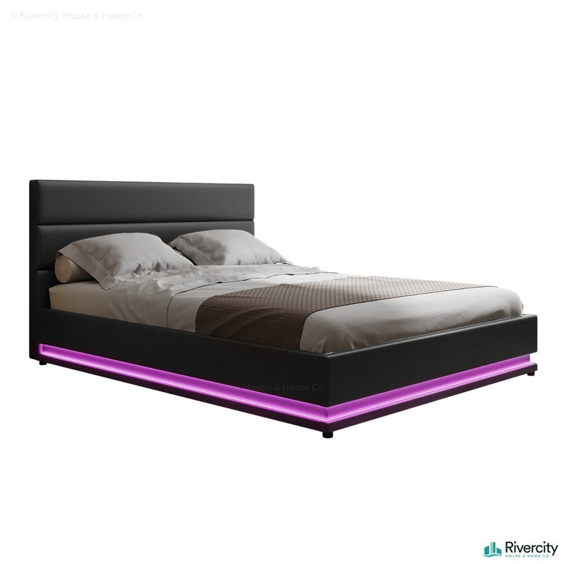 Henley LED Storage Double Bed Frame Black - Rivercity House & Home Co. (ABN 18 642 972 209) - Affordable Modern Furniture Australia