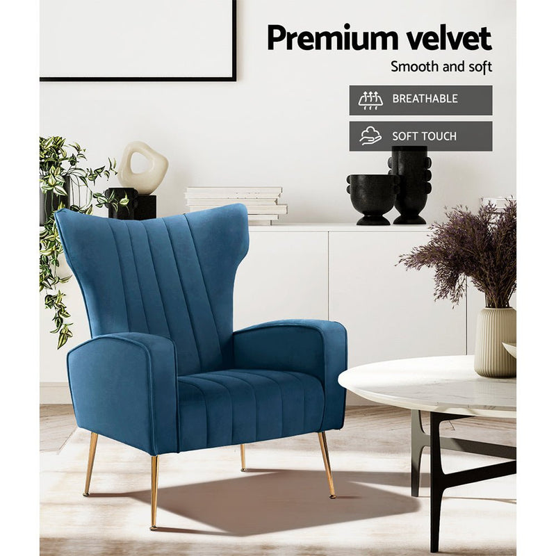 High Back Velvet Accent Armchair Lounge Chair Navy - Furniture > Living Room - Rivercity House & Home Co. (ABN 18 642 972 209)