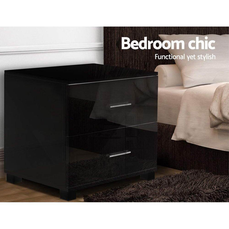 High Gloss Bedside Table With 2 Drawers Black - Furniture > Bedroom - Rivercity House & Home Co. (ABN 18 642 972 209) - Affordable Modern Furniture Australia