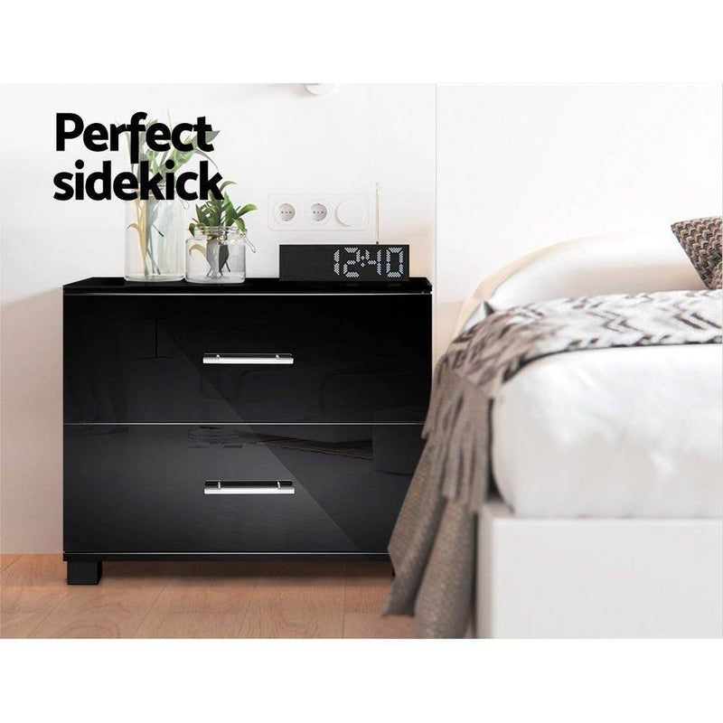 High Gloss Bedside Table With 2 Drawers Black - Furniture > Bedroom - Rivercity House & Home Co. (ABN 18 642 972 209) - Affordable Modern Furniture Australia