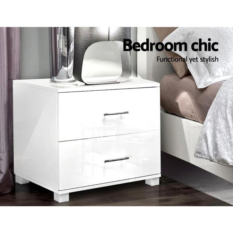 High Gloss Bedside Table With 2 Drawers White - Rivercity House & Home Co. (ABN 18 642 972 209) - Affordable Modern Furniture Australia