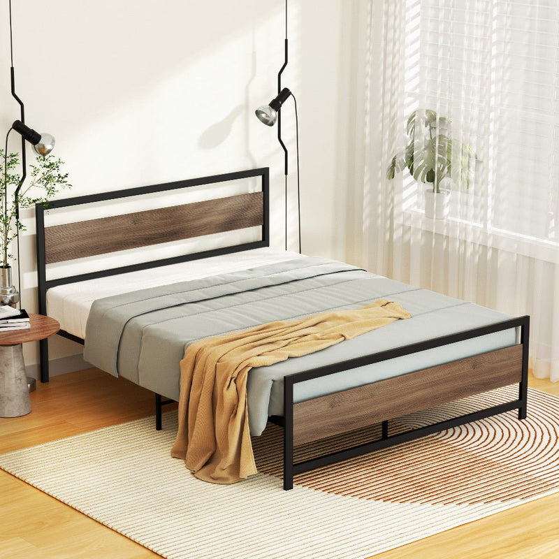 Industrial Style Double Metal Bed Frame Wood & Black - Furniture > Bedroom - Rivercity House & Home Co. (ABN 18 642 972 209) - Affordable Modern Furniture Australia