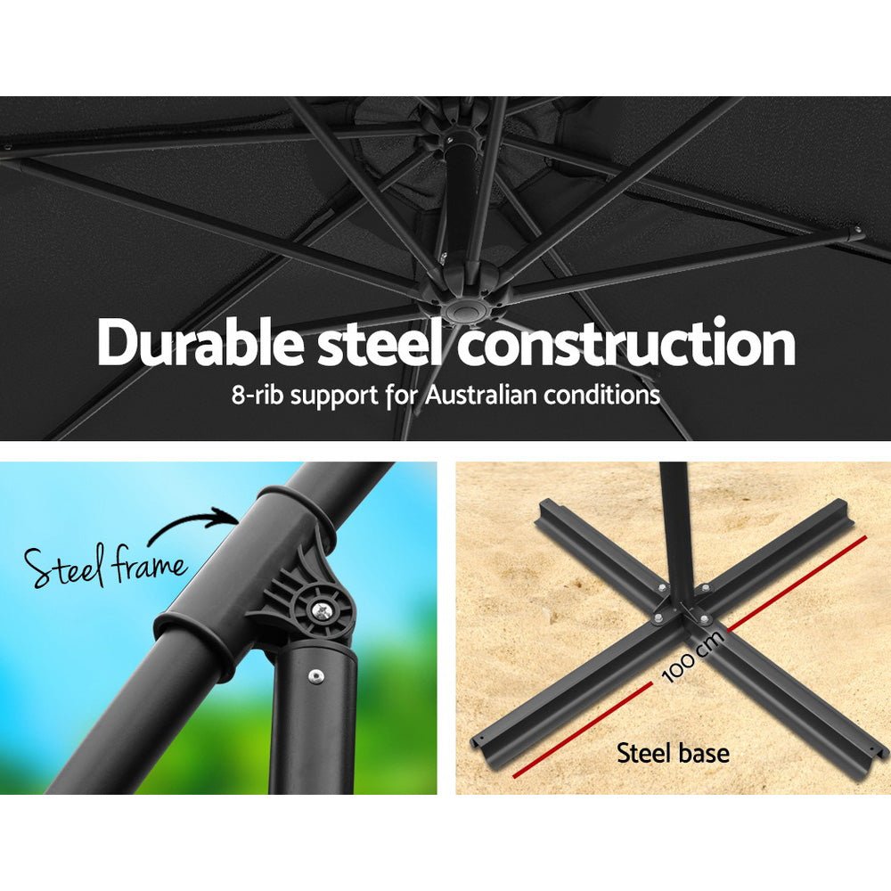 3M Umbrella with 48x48cm Base Outdoor Umbrellas Cantilever Sun Beach Garden Patio Black - Home & Garden > Shading - Rivercity House & Home Co. (ABN 18 642 972 209) - Affordable Modern Furniture Australia