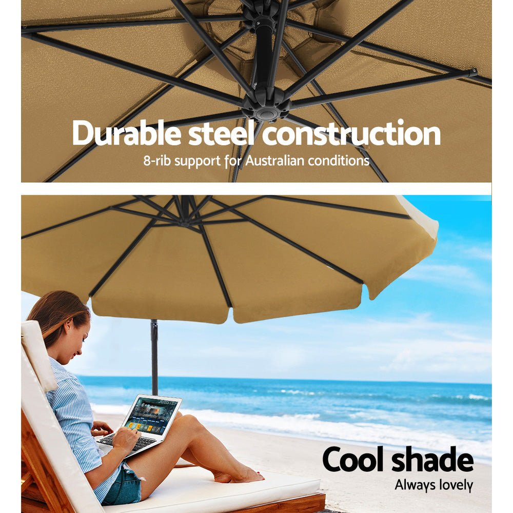3M Umbrella with 48x48cm Base Outdoor Umbrellas Cantilever Sun Beach UV Beige - Home & Garden > Shading - Rivercity House & Home Co. (ABN 18 642 972 209) - Affordable Modern Furniture Australia