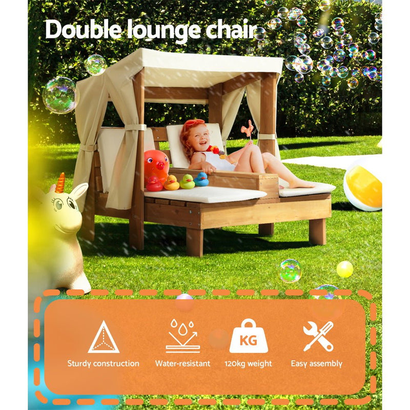 Keezi Kids Outdoor Double Wooden Lounge Chair with Canopy Chaise Cup Holders - Baby & Kids > Kid's Furniture - Rivercity House & Home Co. (ABN 18 642 972 209)