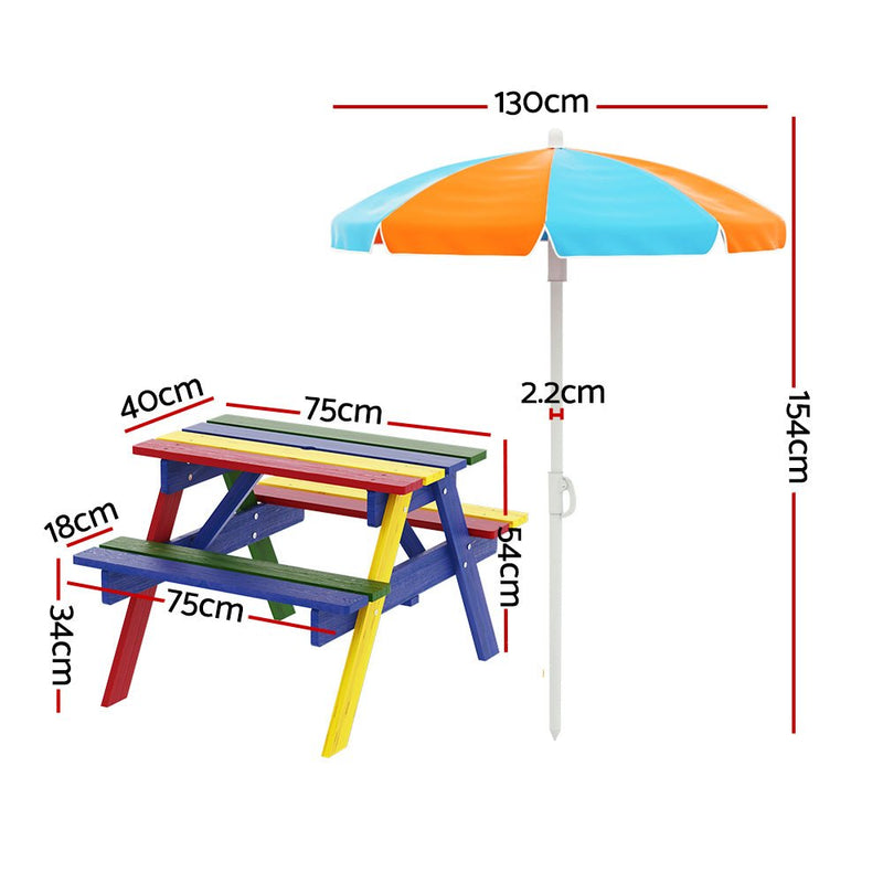 Keezi Kids Outdoor Table and Chairs Picnic Bench Seat Umbrella Colourful Wooden - Baby & Kids > Kid's Furniture - Rivercity House & Home Co. (ABN 18 642 972 209)