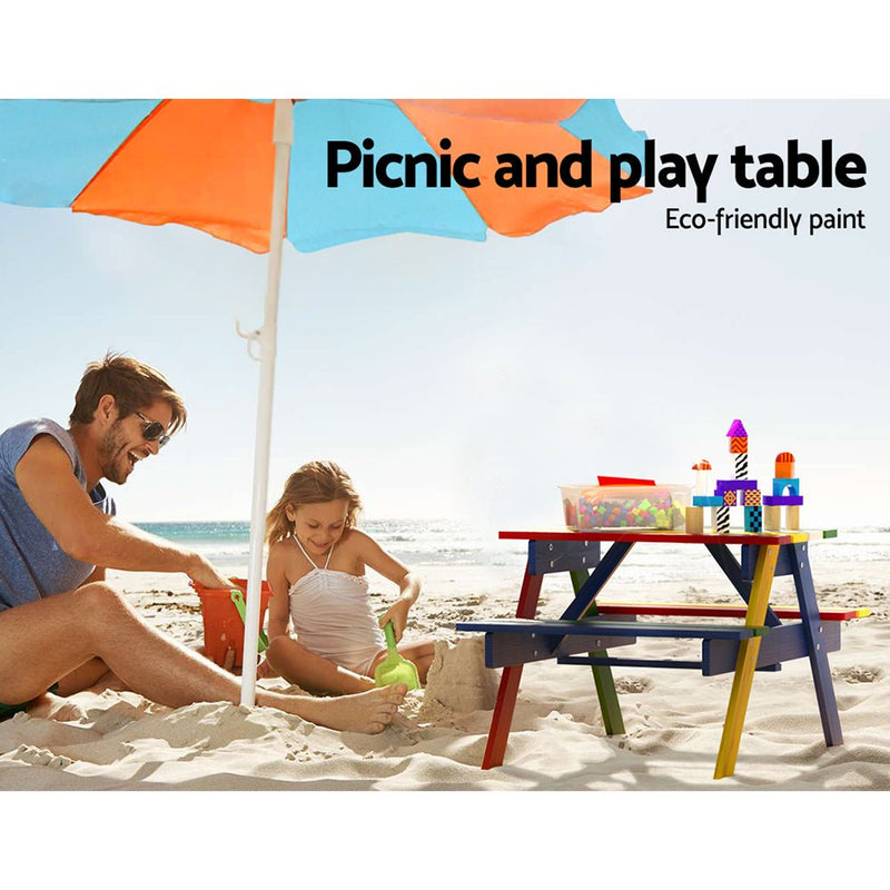 Keezi Kids Outdoor Table and Chairs Picnic Bench Seat Umbrella Colourful Wooden - Baby & Kids > Kid's Furniture - Rivercity House & Home Co. (ABN 18 642 972 209)
