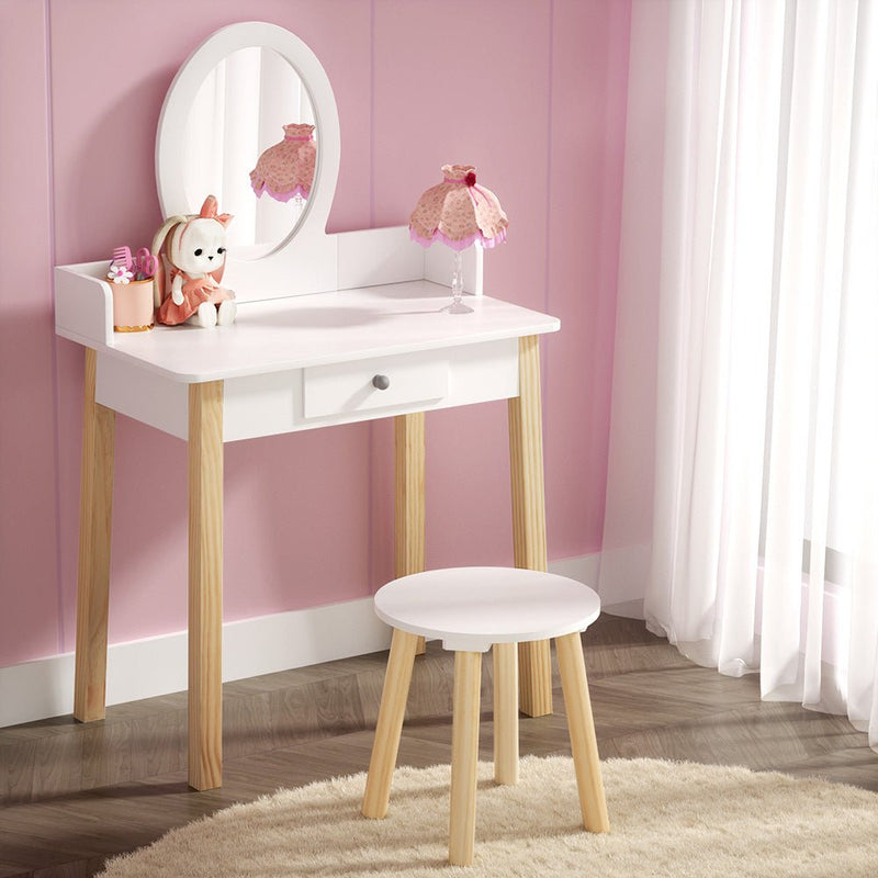 Keezi Kids Vanity Makeup Dressing Table Chair Set Wooden Leg Drawer Mirror White - Furniture > Bedroom - Rivercity House & Home Co. (ABN 18 642 972 209)