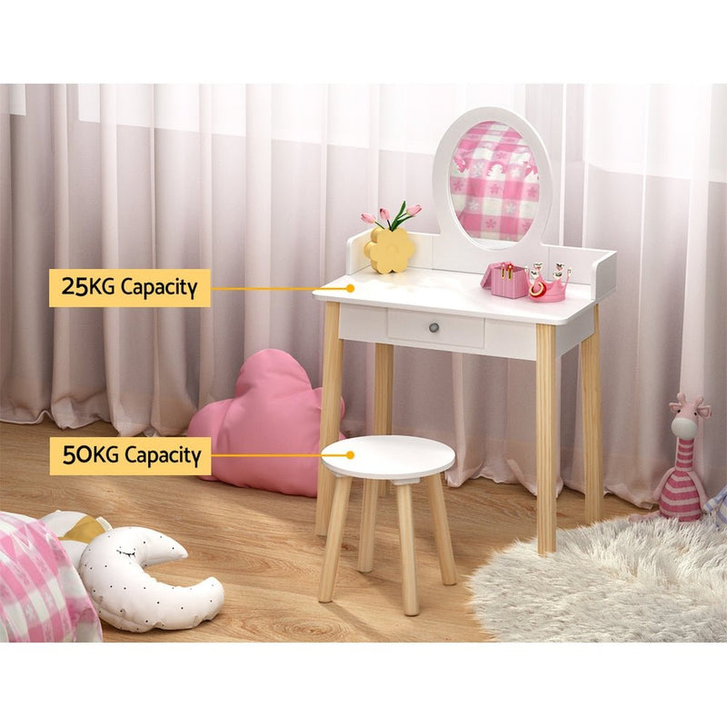 Keezi Kids Vanity Makeup Dressing Table Chair Set Wooden Leg Drawer Mirror White - Furniture > Bedroom - Rivercity House & Home Co. (ABN 18 642 972 209)