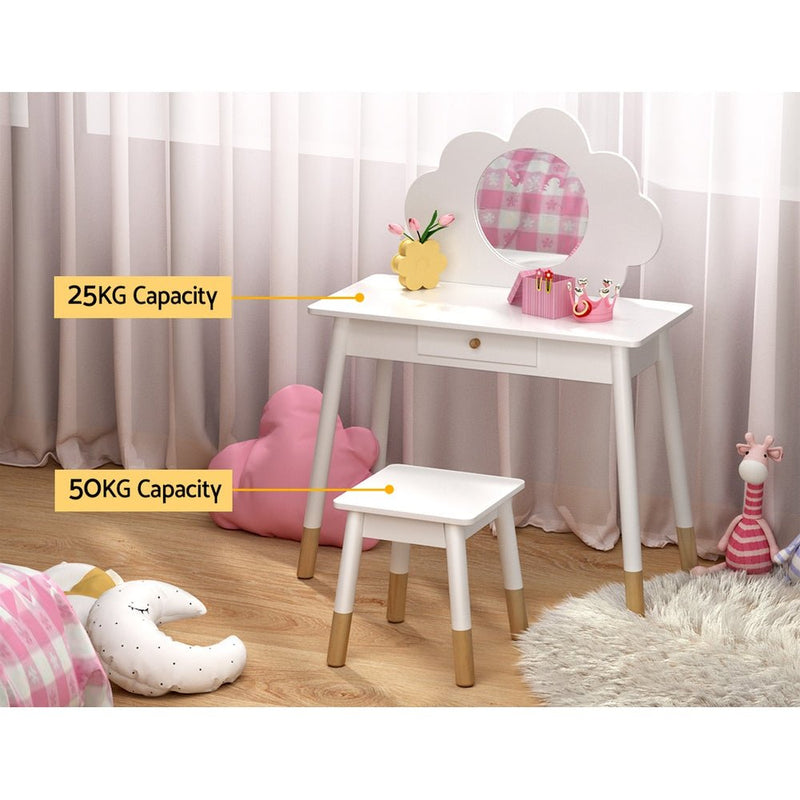 Keezi Kids Vanity Makeup Dressing Table Chair Set Wooden Mirror Drawer White - Furniture > Bedroom - Rivercity House & Home Co. (ABN 18 642 972 209)