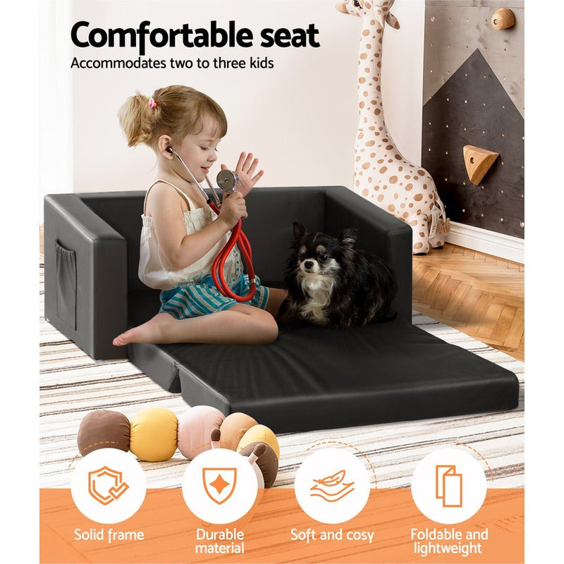 Kids Convertible Sofa 2 Seater Black PU Leather Children Couch Lounger - Baby & Kids > Kid's Furniture - Rivercity House & Home Co. (ABN 18 642 972 209) - Affordable Modern Furniture Australia