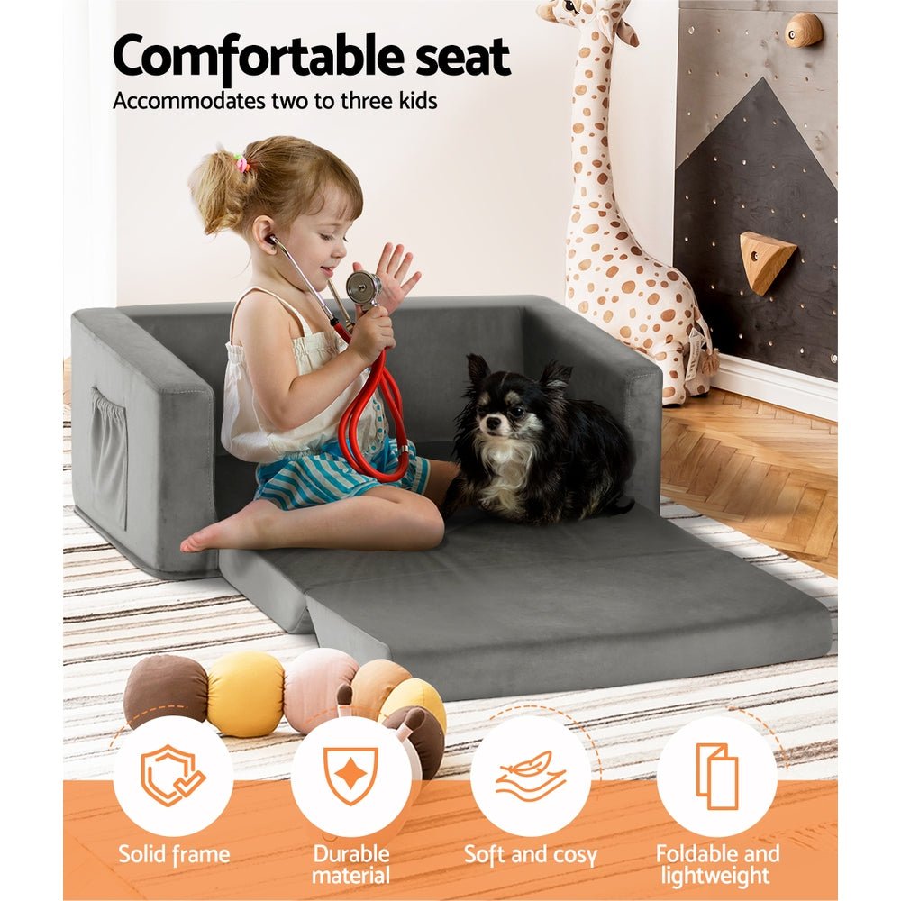 Kids Convertible Sofa 2 Seater Children Flip Open Couch Lounger Grey - Baby & Kids > Kid's Furniture - Rivercity House & Home Co. (ABN 18 642 972 209) - Affordable Modern Furniture Australia