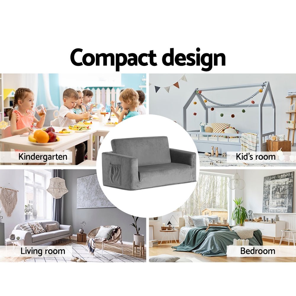 Kids Convertible Sofa 2 Seater Children Flip Open Couch Lounger Grey - Baby & Kids > Kid's Furniture - Rivercity House & Home Co. (ABN 18 642 972 209) - Affordable Modern Furniture Australia