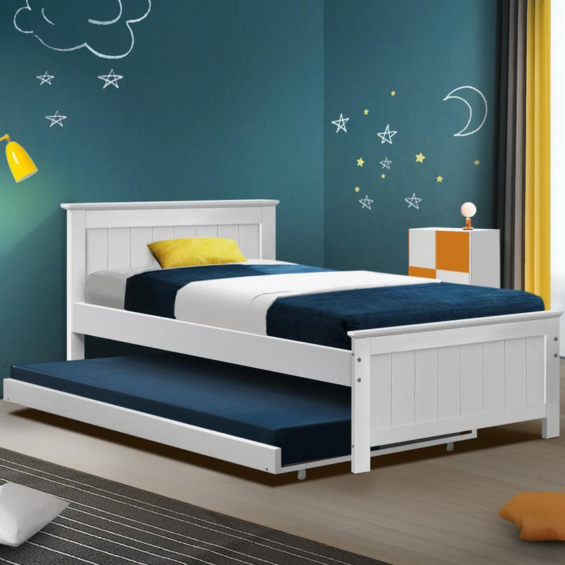 Kids Elvis Wooden King Single Trundle Bed Frame White - Rivercity House & Home Co. (ABN 18 642 972 209) - Affordable Modern Furniture Australia