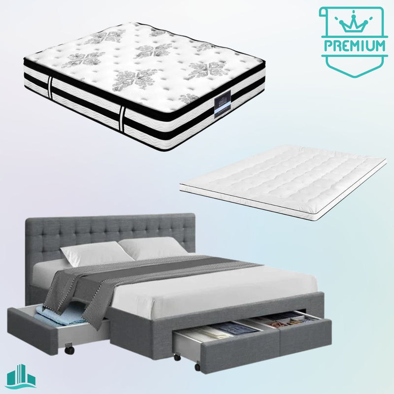 King Premium Package | Trinity Bed Grey, Algarve Euro Top Mattress (Medium Firm) & Deluxe Mattress Topper! - Rivercity House & Home Co. (ABN 18 642 972 209)